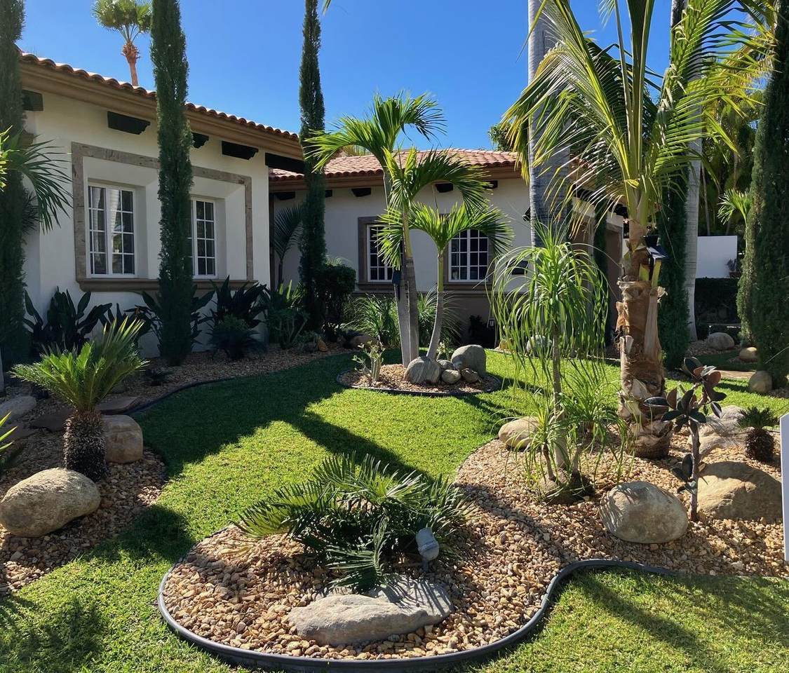 1. Lush Tropical Garden At Palmilla Estate With Palm Trees, Decorative Rocks, And Vibrant Green Grass Under Clear Blue Skies.