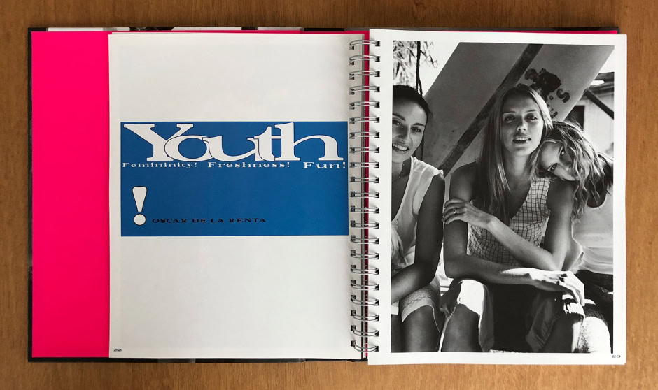 Vibrant pink and white graphic layout with the word "Youth" and phrases like "Femininity! Freshness! Fun!", featuring bold text by Oscar de la Renta, on an open spiral-bound magazine spread.