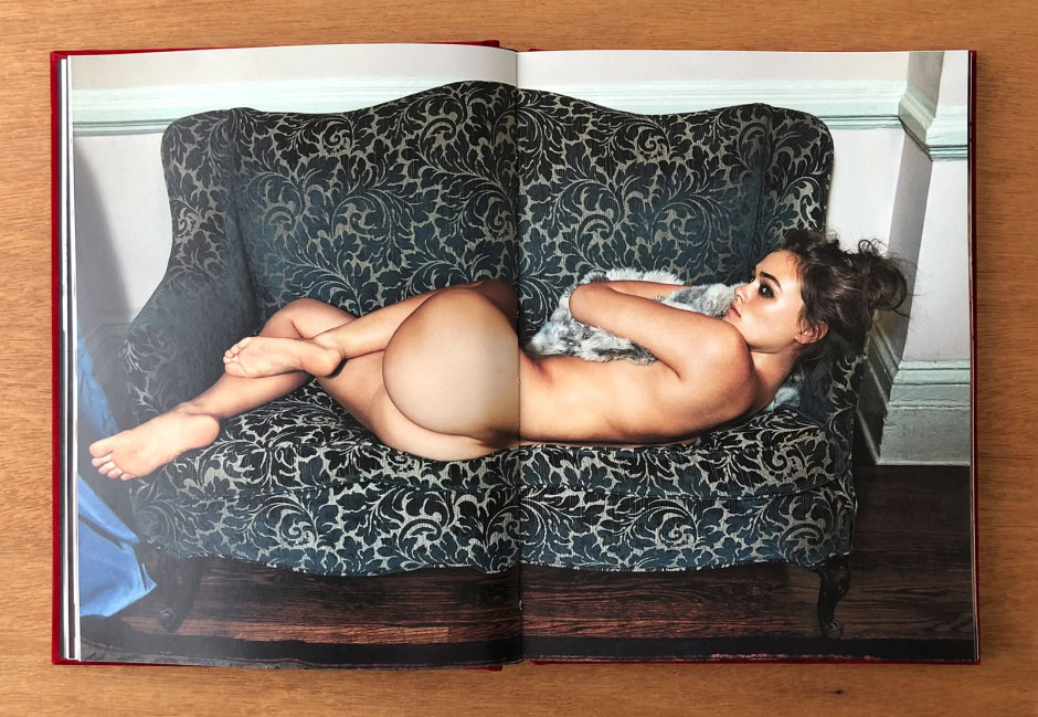 Elegant nude woman lying on a vintage patterned sofa in a modern interior, featuring soft lighting and artistic photography by Pamela Hanson.