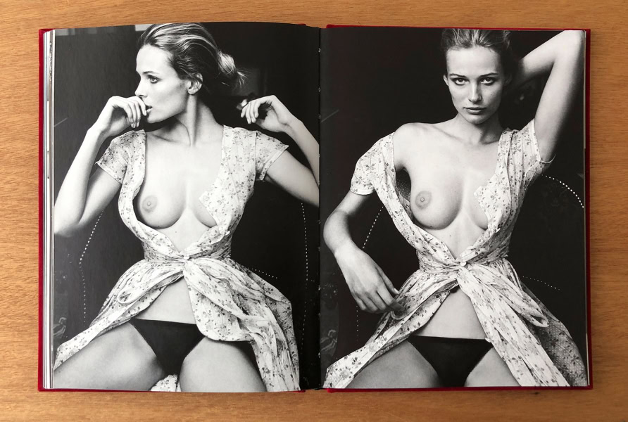 Elegant black and white fashion photography featuring a nude woman with a floral dress, captured by Pamela Hanson, showcasing artistic nude portraits with stylish posing and high fashion elements.