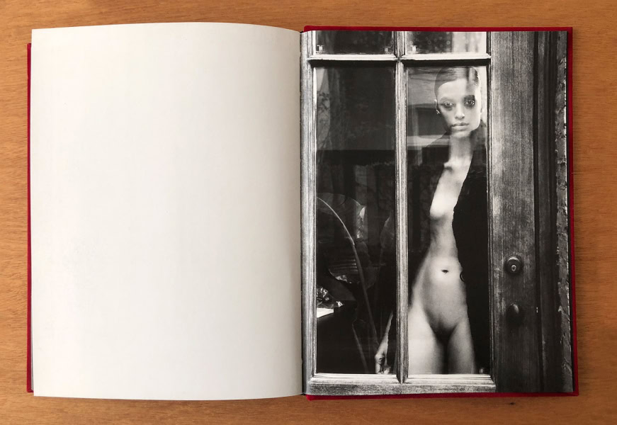 Elegant black and white portrait of a model behind a vintage wooden window, showcasing fashion photography by Pamela Hanson.