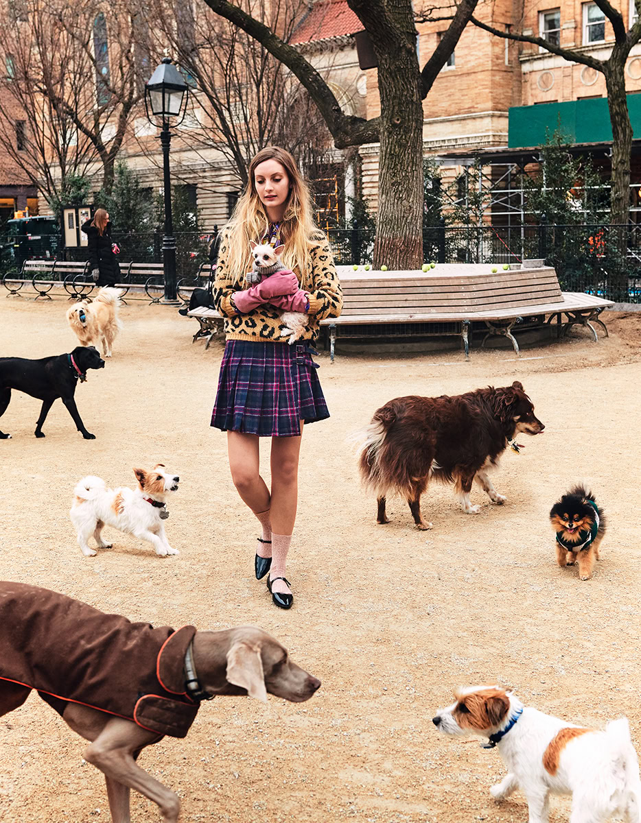 Leopard print sweater, plaid skirt, and pink gloves worn by a woman holding a small dog in a city park with various dogs and people.