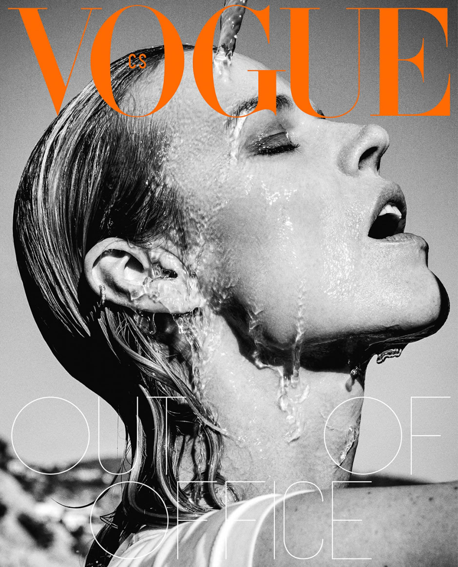 VOGUE magazine cover featuring a black and white close-up portrait of a woman with water splashing on her face, showcasing high fashion and beauty photography by Pamela Hanson.