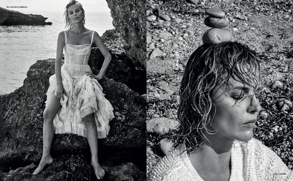 Elegance and natural beauty captured in black and white portrait photography by Pamela Hanson, featuring a model in a lace dress at the seaside and a close-up of a woman with wet, curly hair near stones.