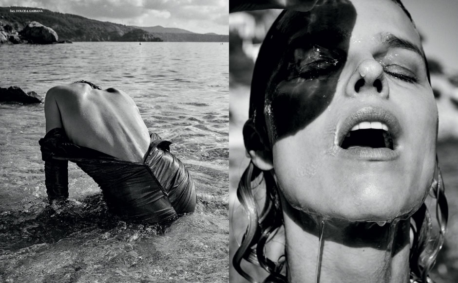 Ebony black and white photography of a woman with wet hair in water, showcasing expressive art and high fashion aesthetics.