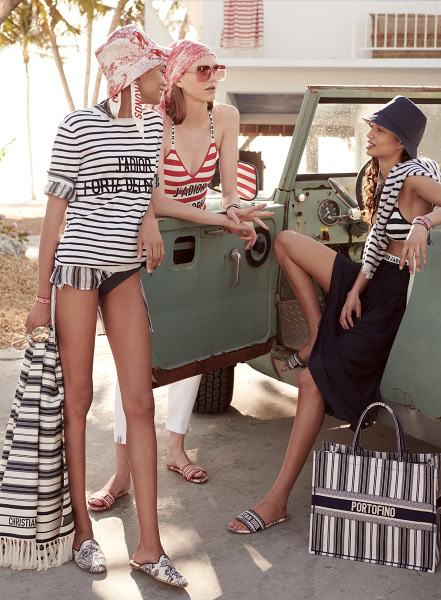 Striped summer fashion with women in beachwear, hats, and accessories showcasing Pamela Hanson photography style, perfect for fashion and lifestyle photography portfolios.
