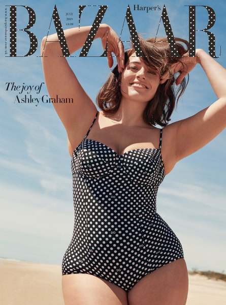 Polka dot swimsuit beach photoshoot Ashley Graham beachwear summer fashion outdoor sunny day.