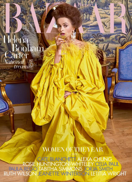 Luxury fashion portrait of Helena Bonham Carter in a vibrant yellow gown, photo by Pamela Hanson, showcasing high fashion, elegance, and iconic celebrity style for magazine cover images.