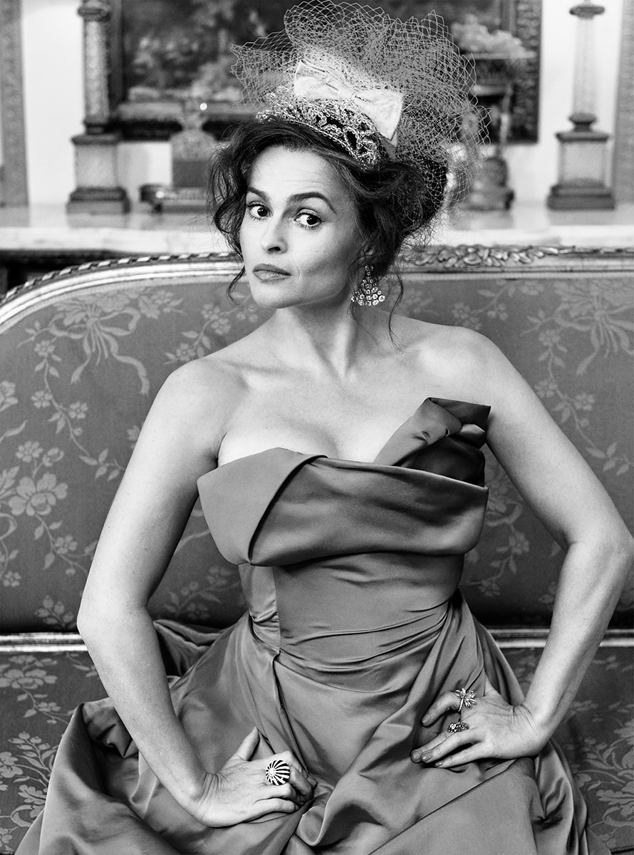 Elegant black and white portrait of a woman in vintage-inspired attire, wearing elaborate jewelry and a decorative headpiece, showcased on Pamela Hanson Photography website.