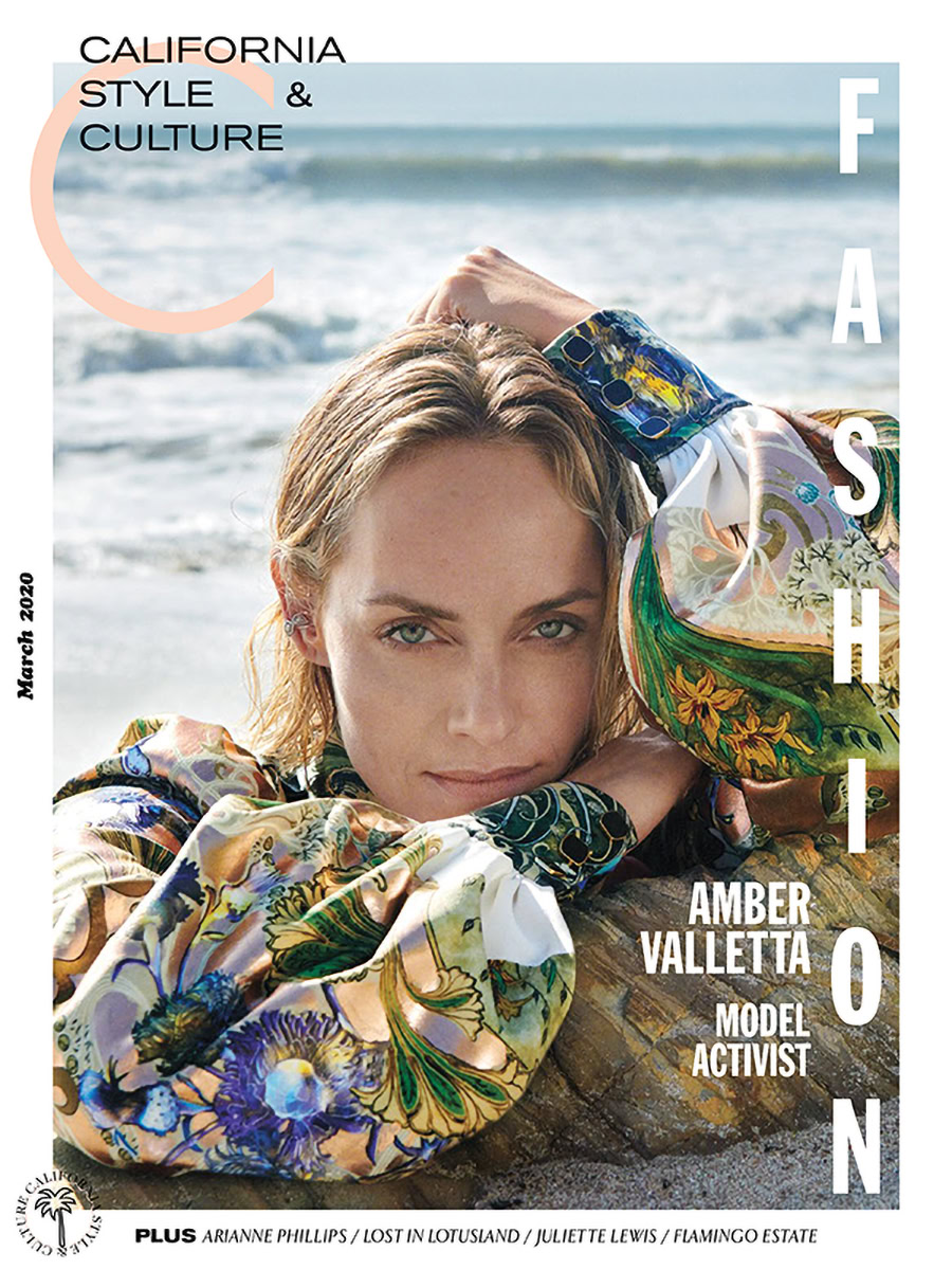 California fashion photography featuring Amber Valletta in a colorful floral patterned outfit at the beach, highlighting California style and culture.