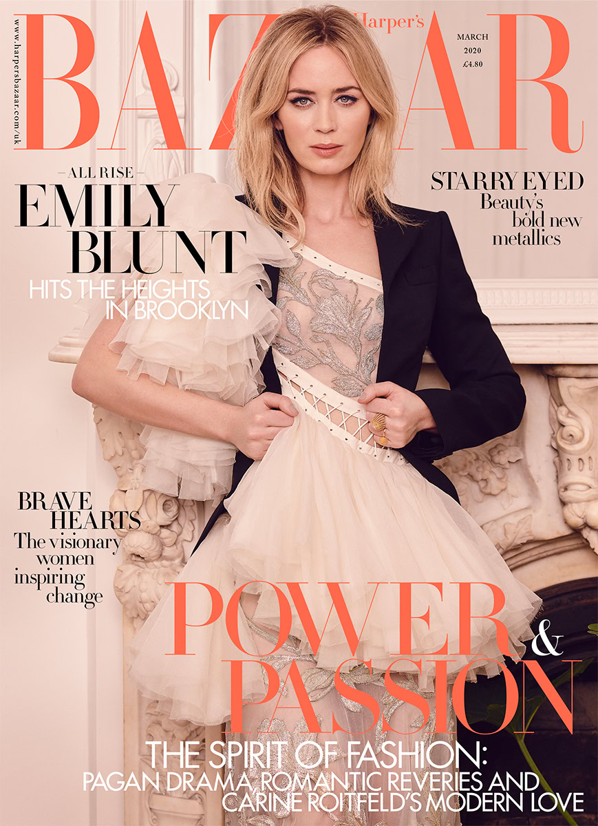 Luxury fashion magazine cover featuring a female model in elegant attire for Harper's Bazaar UK March 2020 issue featuring Pamela Hanson photography.