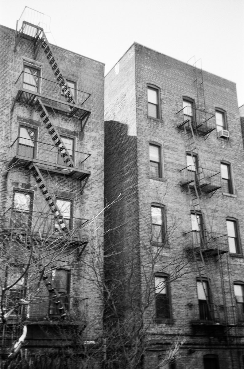 An urban black and white photograph of old brick apartment buildings with fire escapes and leafless trees in foreground. Captures timeless city architecture and gritty urban atmosphere.