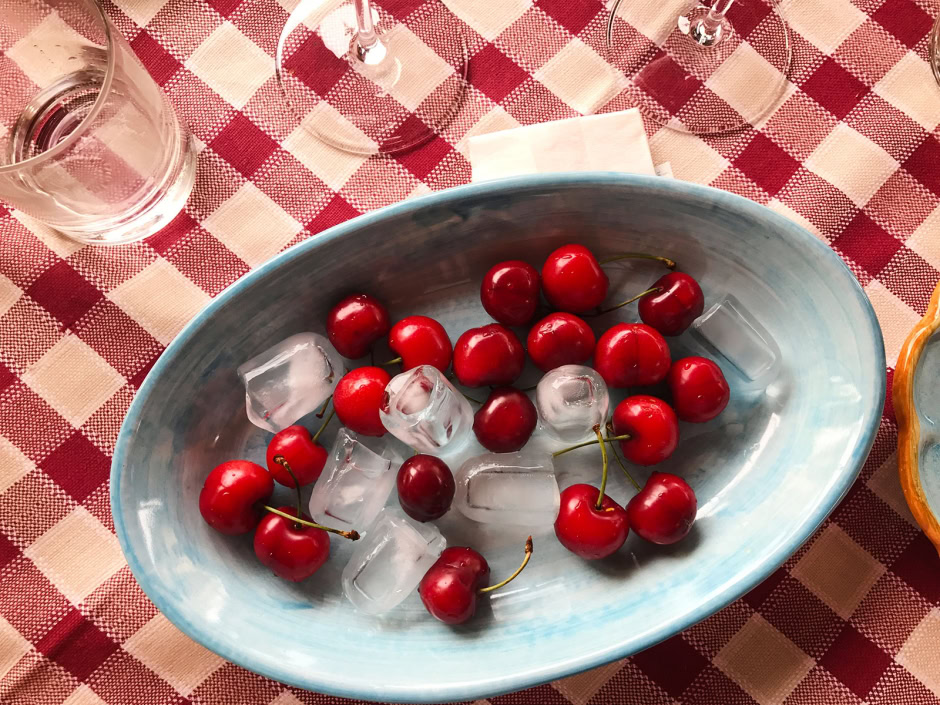 Juicy red cherries in a ceramic bowl with ice cubes on a checkered tablecloth, part of a styled food photography by Pamela Hanson.