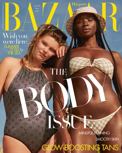 Luxurious fashion photography on a summer seaside backdrop featuring models in designer swimwear, highlighting vibrant summer style, skin confidence, and body positivity.