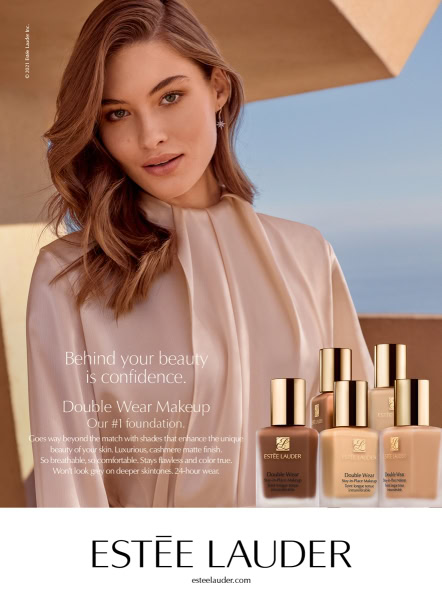 Luxurious Estée Lauder Double Wear makeup foundation bottles with a confident woman model promoting flawless skin and long-lasting coverage.