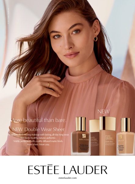 Double wear foundation advertisement featuring a young woman with natural makeup, promoting Estée Lauder's Double Wear Sheer shared makeup collection for radiant, authentic skin.
