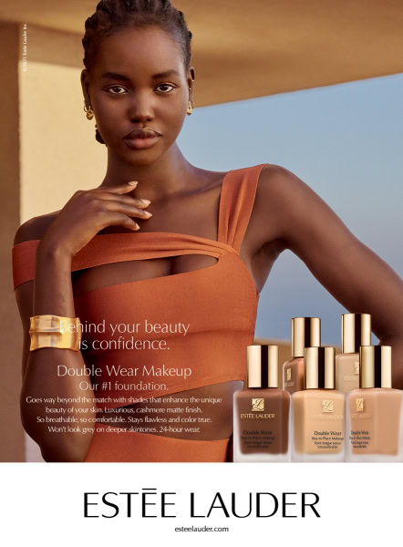 Beauty confidence woman model luxury makeup Estée Lauder Double Wear foundation skincare advertisement Botanical skin tone natural elegance.