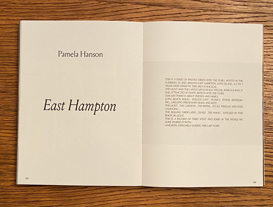 Vivid pages from a photography book showcasing Pamela Hanson's East Hampton series, capturing the beauty of coastal landscapes and lifestyle photography in a natural setting.