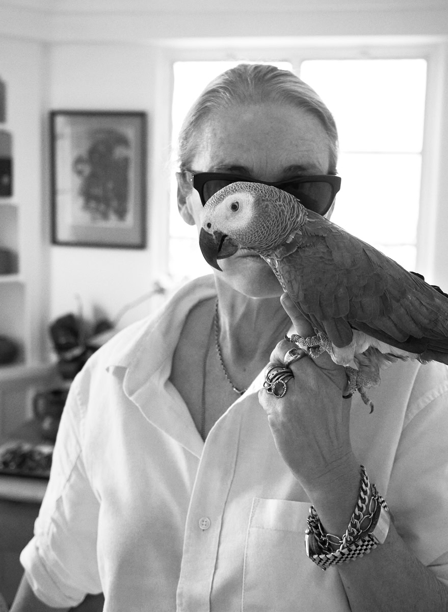 Parrot on woman's shoulder, black and white portrait, stylish woman with sunglasses holding exotic bird, indoor setting, artistic wildlife photography, Pamela Hanson Photography.