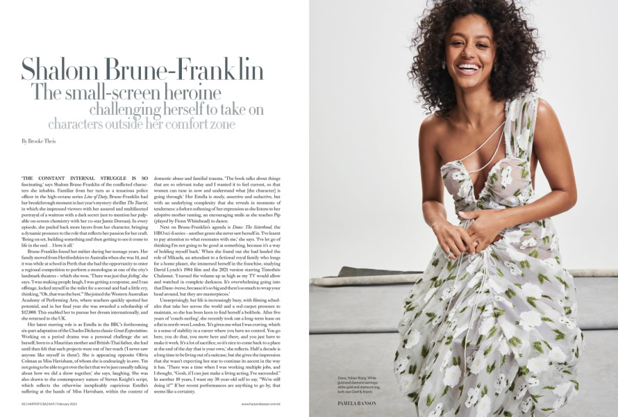 Shalom Brune-Franklin portrait in floral dress, contemporary fashion photography, professional studio shot, bright lighting, confident expression, modern female model, creative fashion photography, magazine editorial style, high-quality image.