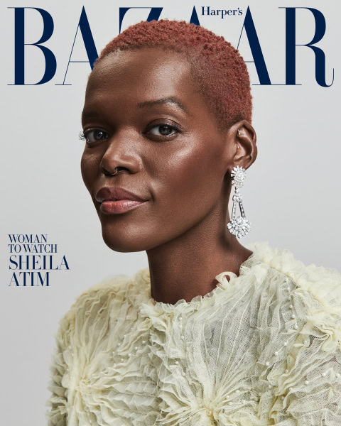 Vibrant portrait of Shea Atim on Harper's Bazaar magazine cover, showcasing hair adornment, elegant earrings, and intricate textured dress, highlighting fashion photography and beauty.