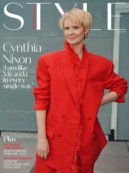 Elegant portrait of Cynthia Nixon on the cover of Style magazine, showcasing high fashion and modern style photography.