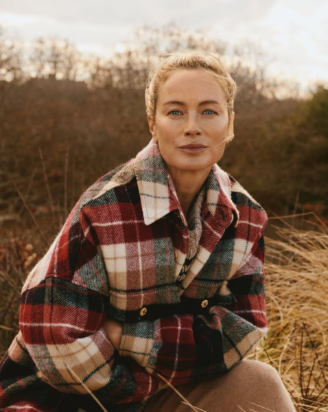 Warm plaid jacket outdoor portrait of woman in nature fall photography by Pamela Hanson.