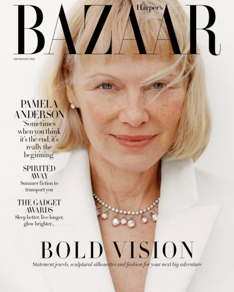 Elegant close-up portrait of a woman with blonde hair wearing a diamond necklace, featured on Harper's Bazaar July/August 2025, showcasing luxury jewelry and fashion photography.