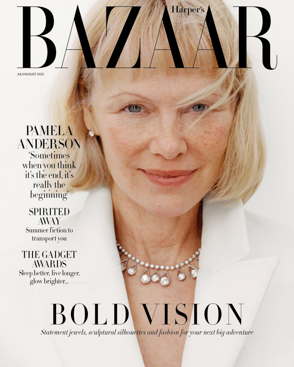 Elegant close-up portrait of a woman with blonde hair wearing a diamond necklace, featured on Harper's Bazaar July/August 2025, showcasing luxury jewelry and fashion photography.