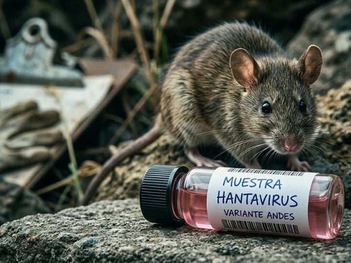 Rata junto a frasco con muestra de hantavirus en entorno natural.