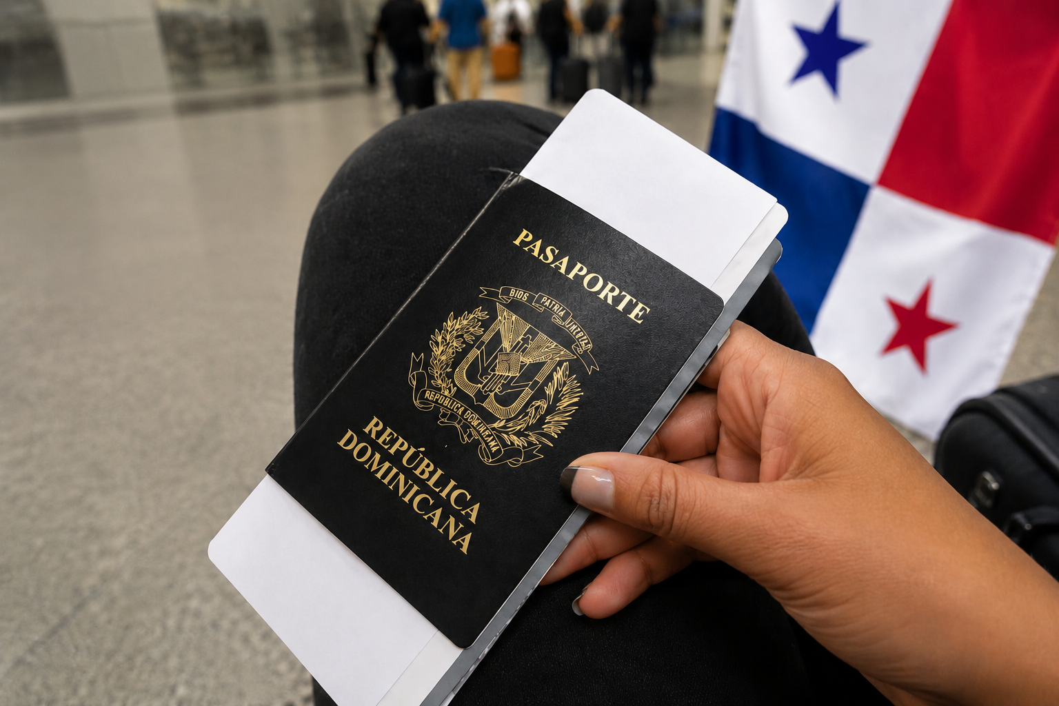Pasaporte dominicano junto a la bandera de Panamá
