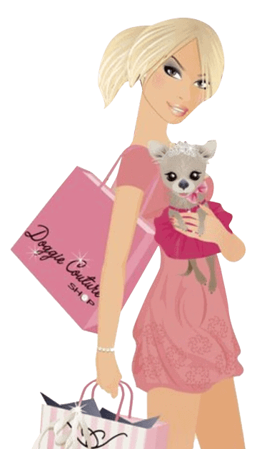 Chic woman holding a small white dog in a pink dress, shopping and showcasing fashionable pet accessories by Paws With Fashion for stylish pet owners and trendy pet apparel.