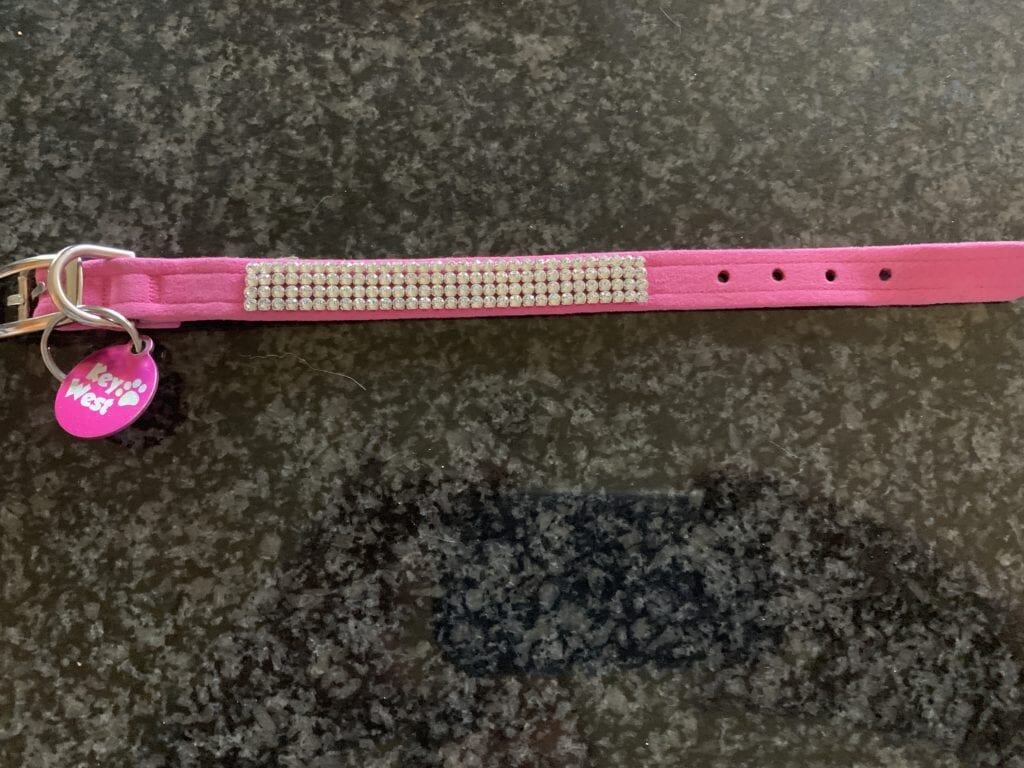 Pink dog collar with rhinestone embellishment, adjustable size, and "Terry West" tag on a dark granite surface. Stylish, pet-friendly accessory for small to medium dogs. Perfect for fashionable pet owners.