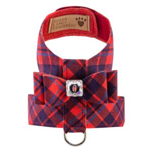 Big Bow Chestnut Plaid Scotty Tinkie Harness by Susan Lanci featuring genuine Ultrasuede®, a signature Big Bow, and a Swarovski® crystal button.