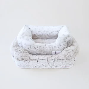 Deluxe Dog Bed by Hello Doggie handcrafted with luxurious pearl leopard mink fabric and a matching blanket for small dogs.
