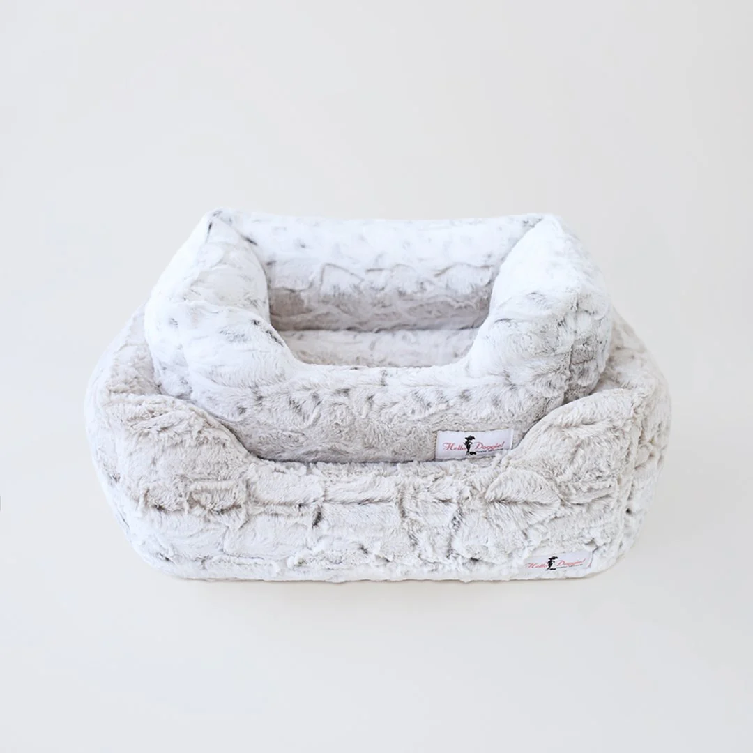 Deluxe Dog Bed by Hello Doggie handcrafted with luxurious pearl leopard mink fabric and a matching blanket for small dogs.