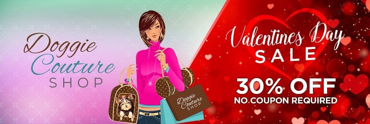 Doggie Couture Shop Valentine's Day sale banner featuring a stylish woman with dog-themed handbags and a 30% off discount, promoting fashionable pet accessories and clothing for dogs.
