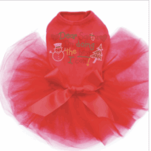 Red Christmas-themed dog sweater with tulle tutu skirt and bow, holiday pet apparel for small dogs.