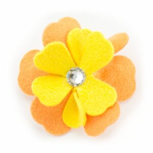 Susan Lanci Darla Flower dog hair bow in orange and yellow with a European crystal center