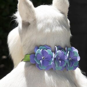 Susan Lanci Emma Flower Dog Collar in Kiwi with Periwinkle and Mint flowers