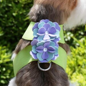 Emma Flower Tinkie Dog Harness by Susan Lanci Designs with kiwi Ultrasuede®, layered flowers, and Swarovski® crystals.