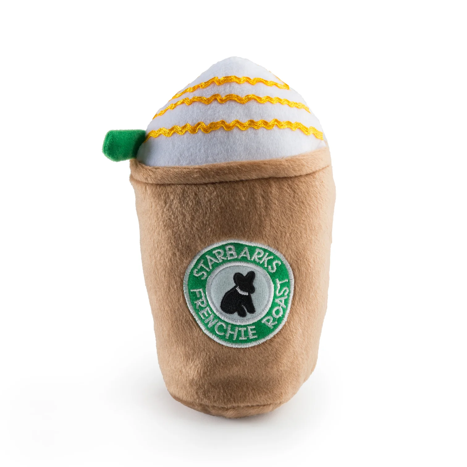 Starbarks Frenchie Roast plush dog toy with whipped cream and green straw