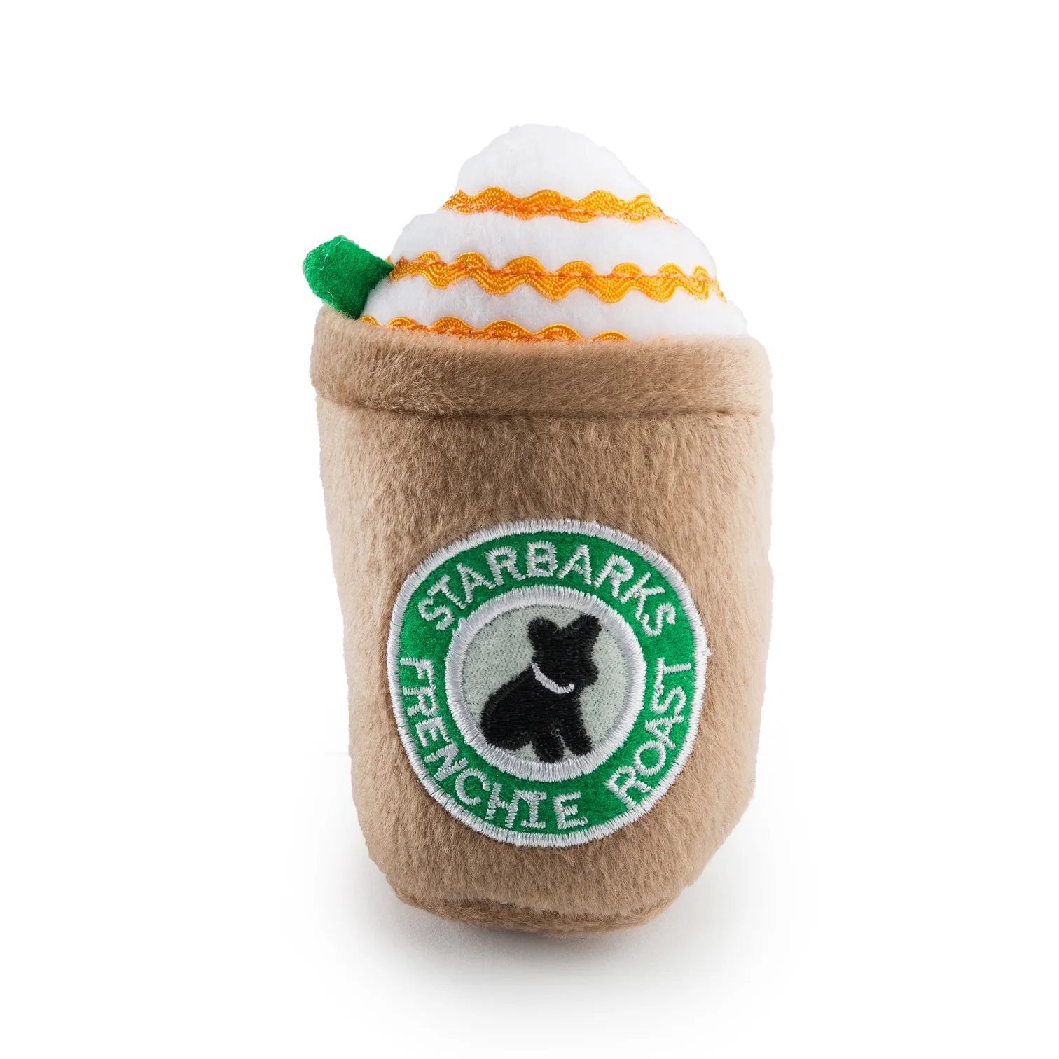 Starbarks Frenchie Roast plush dog toy with whipped cream and green straw
