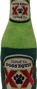 Green Dogs Equis Beer plush bottle dog toy with embroidered Sit Stay Thirsty design