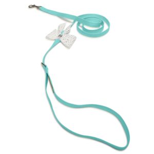 Elegant turquoise pet leash with a white bow featuring black polka dots, designed for stylish dog walking from Paws With Fashion.