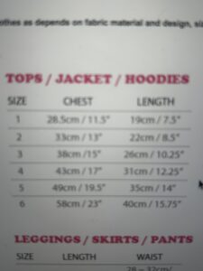 Wooflink Size Chart for Tops