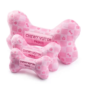 Pink Checker Chewy Vuiton Bone luxury plush squeaky dog toy