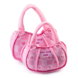 Pink Checker Chewy Vuiton Handbag Dog Toy plush squeaky designer-inspired dog toy.