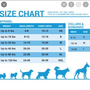 Pets First Pugger Jacket Size Chart for various nfl teams
