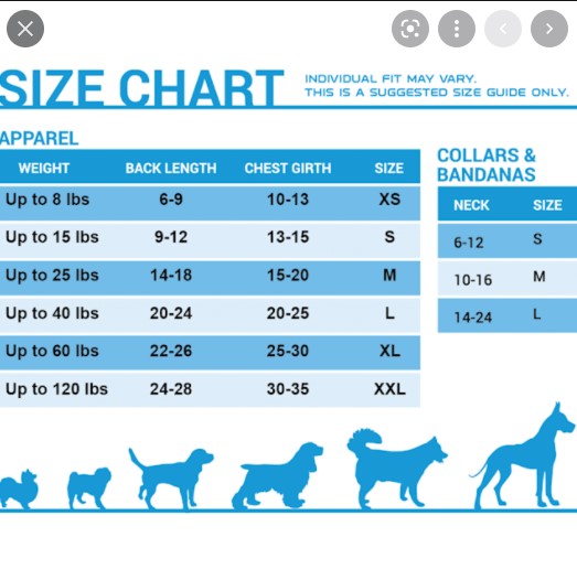 Pets First Pugger Jacket Size Chart for various nfl teams